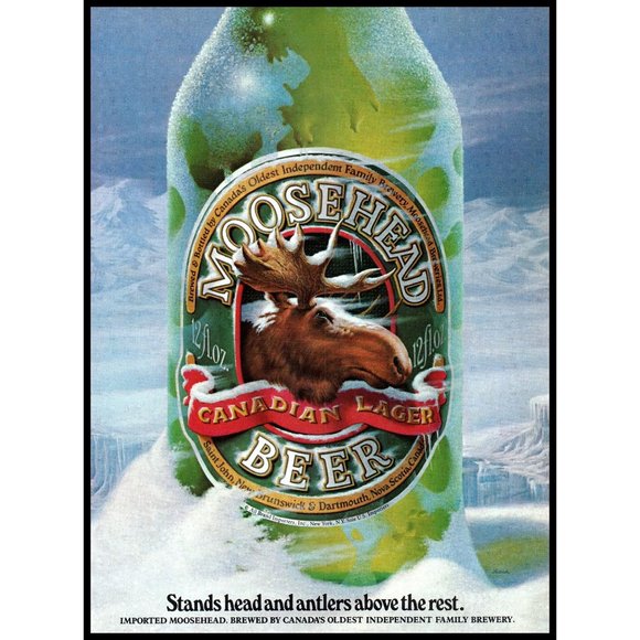 1984 Moosehead Beer Canadian Lager Vintage Print Ad Green Bottle Glacier Photo - Picture 1 of 1